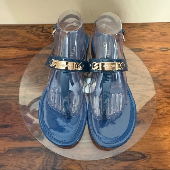 COACH Caterine Blue Patent Leather T-Strap Thong Sandals - Picture 1 of 16